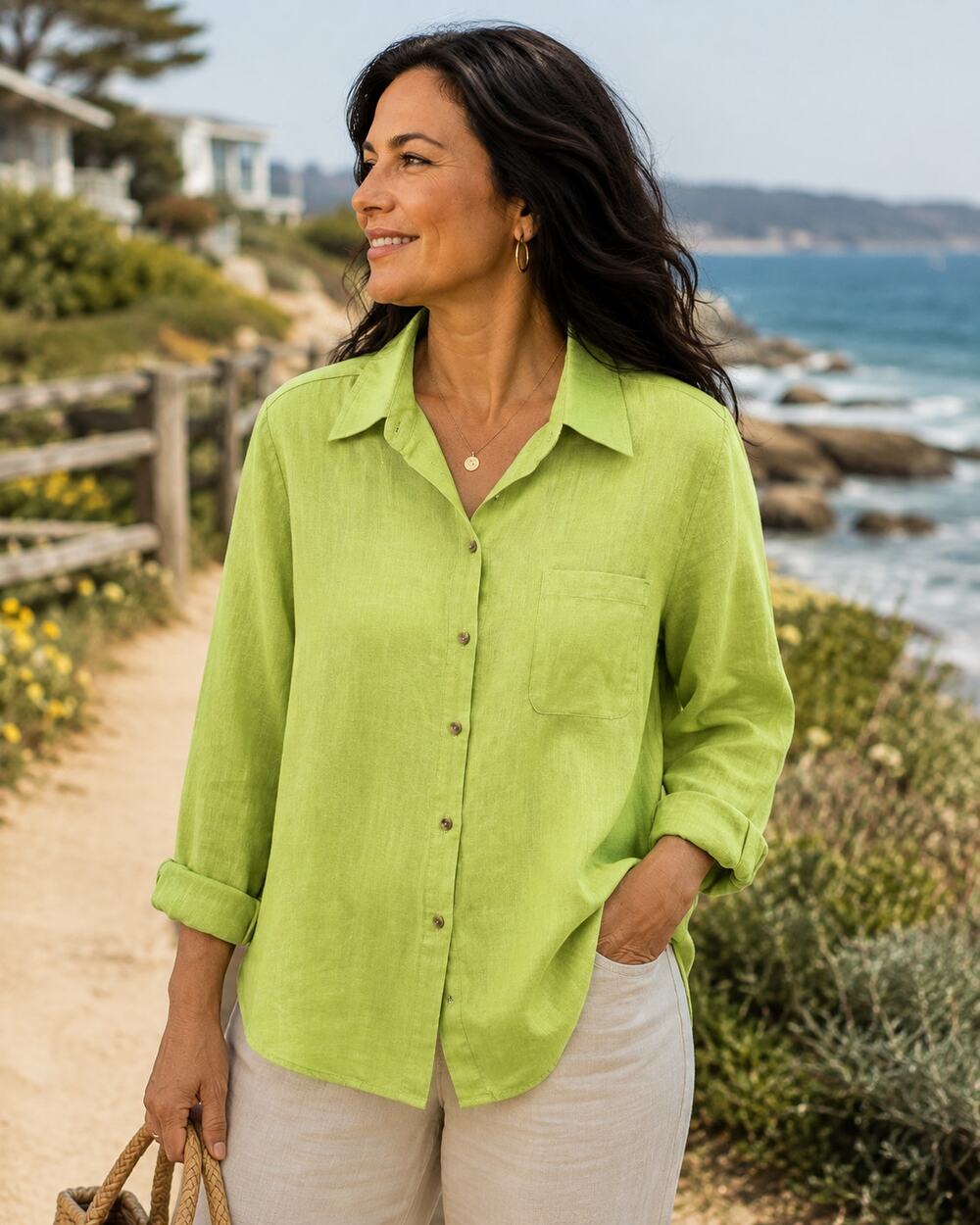 Elisabeth by Liz Claiborne Lime Button Down Linen Shirt Size 14P
